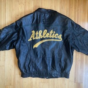Men's L MLB Mirage Black Leather Jacket Vintage 1990s Oakland Athletics Zip Snap